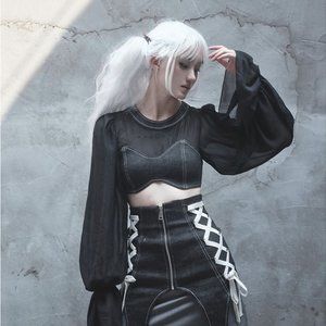 Y2K Hot Girl Round Neckline Long Puff Sleeves Cropped Top